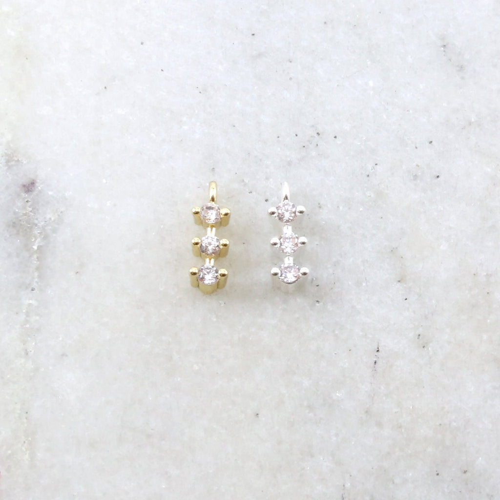 10mmx3mm Rhodium Plated Dainty Tiny CZ Trio Bar Pave CZ Small Drop Charm Cubic