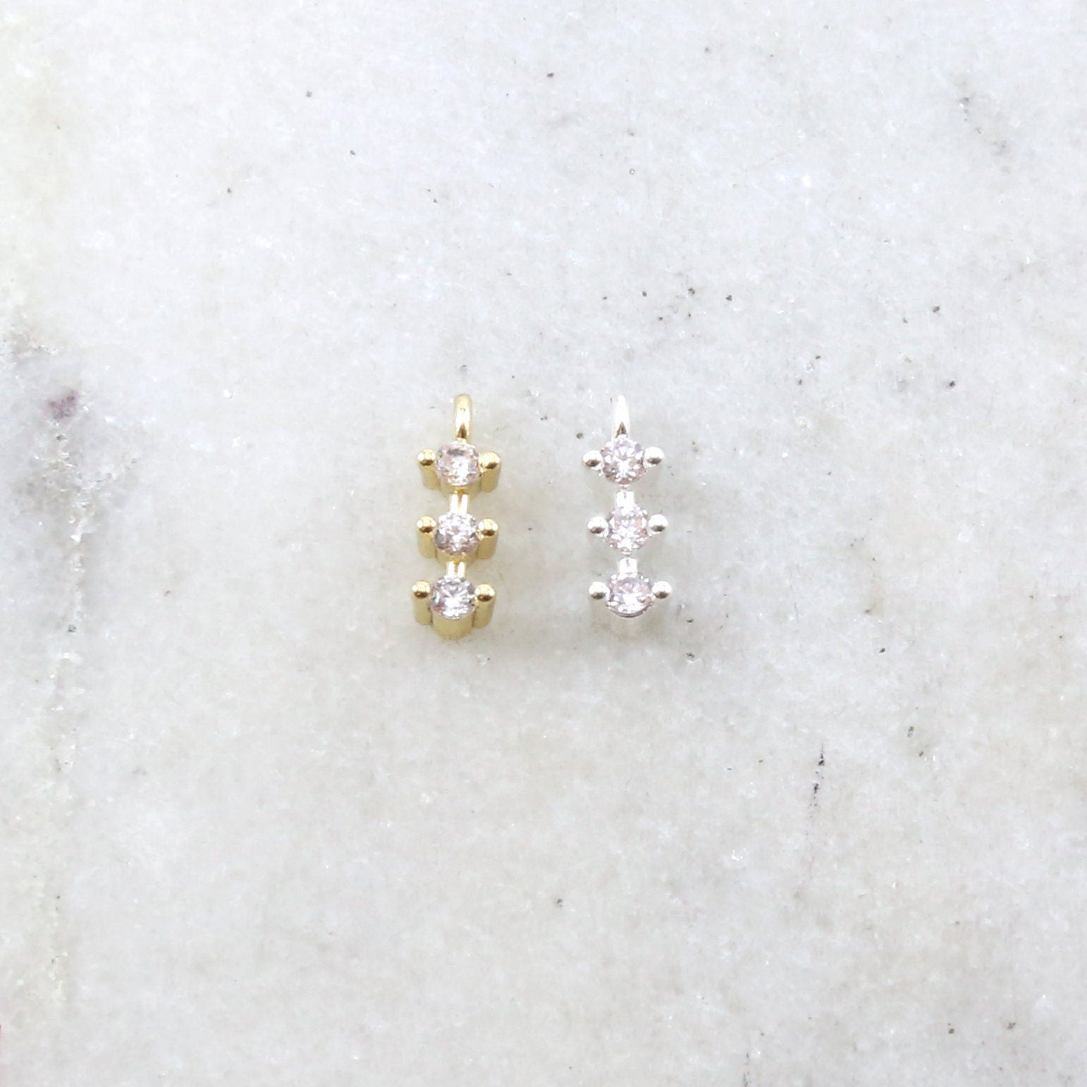 10mmx3mm Rhodium Plated Dainty Tiny CZ Trio Bar Pave CZ Small Drop Charm Cubic
