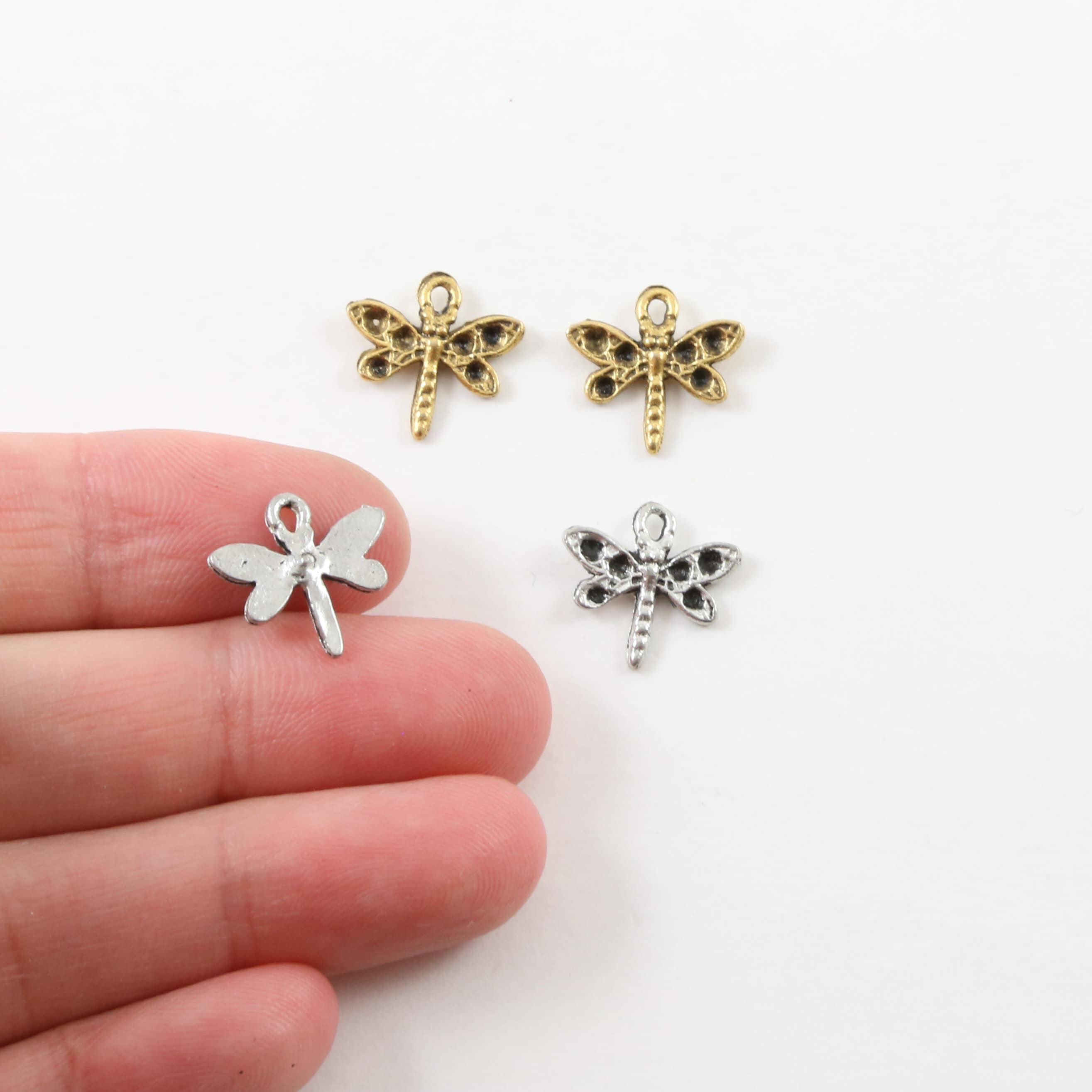 13mmx13mm Pewter Small Flying Dragonfly Wings Charm Fantasy Pendant (2pc)