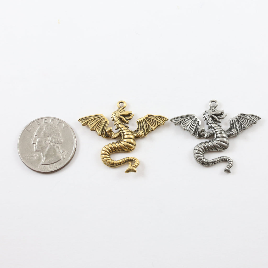 32mmx38mm Pewter Large Flying Detailed Dragon Charm Fantasy Medieval