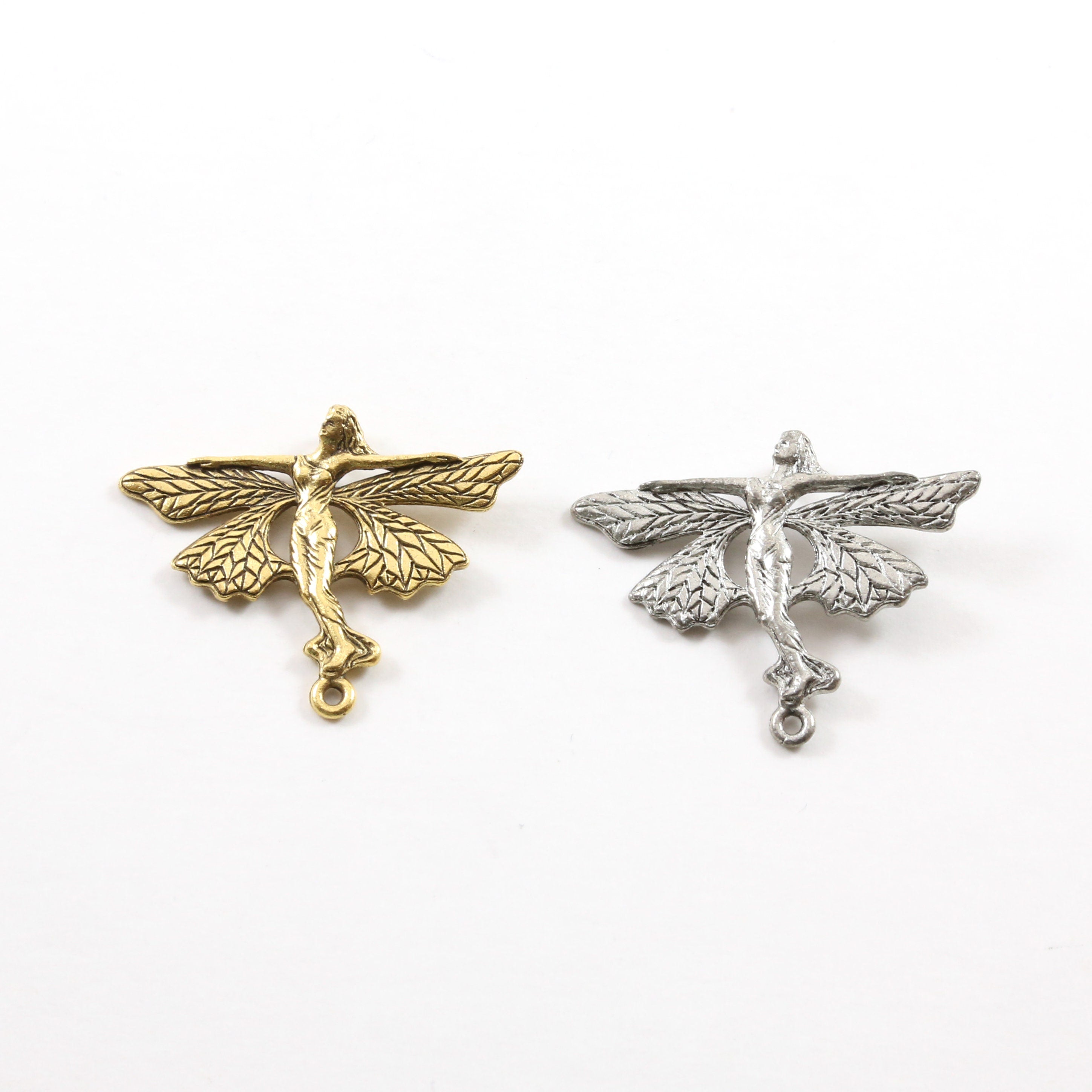 28mmx35mm Pewter Flying Fairy Butterfly Wings Pixie Charm 2 Loop