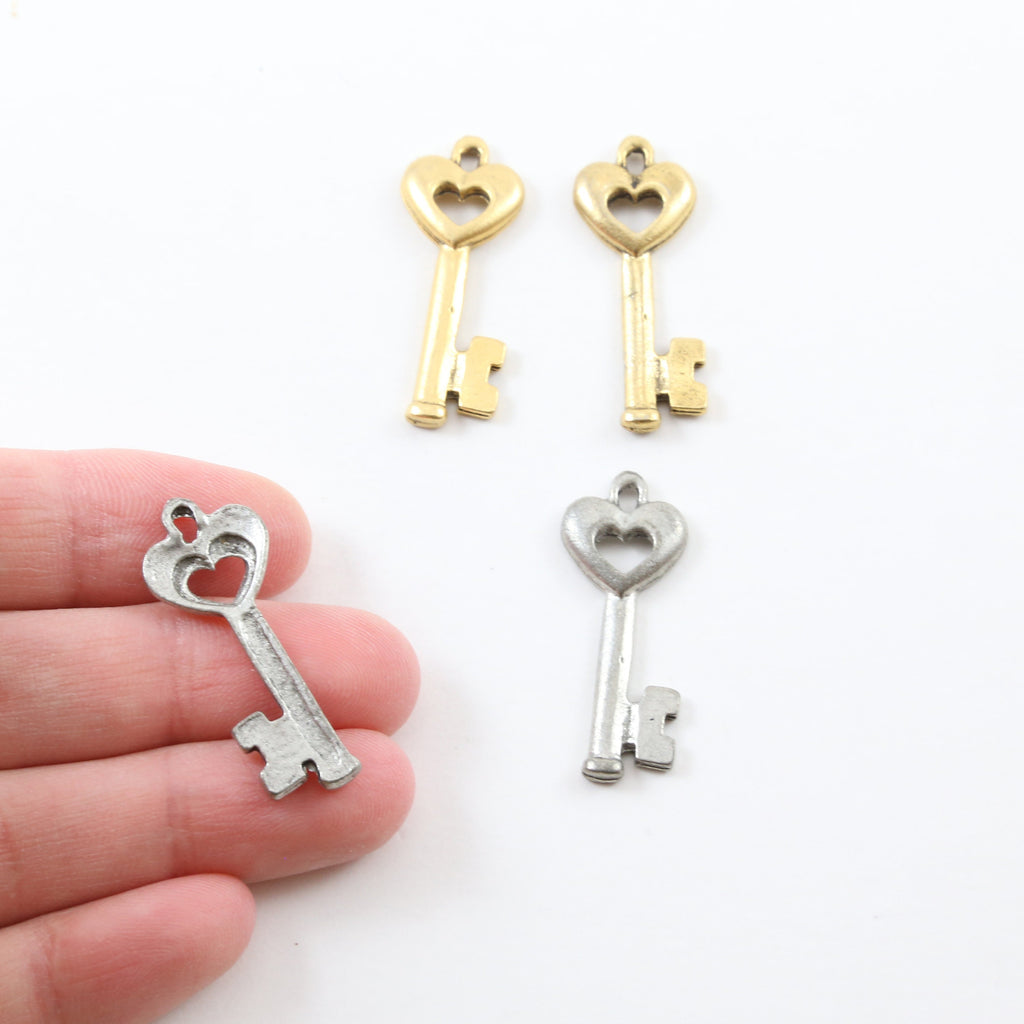 31mmx17mm Pewter Tall Heart Key Charm Best Friend Charm Necklace Pendant (2pc)