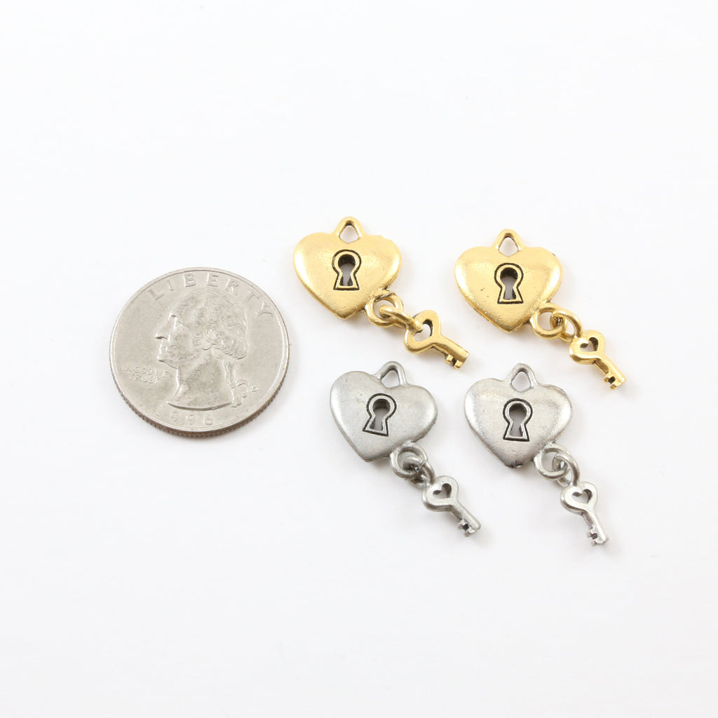 Pewter Simple Heart Pad Lock with Key Valentines Day Key Charm (2pc)