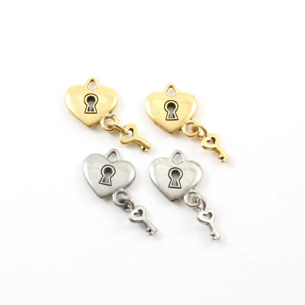 Pewter Simple Heart Pad Lock with Key Valentines Day Key Charm (2pc)