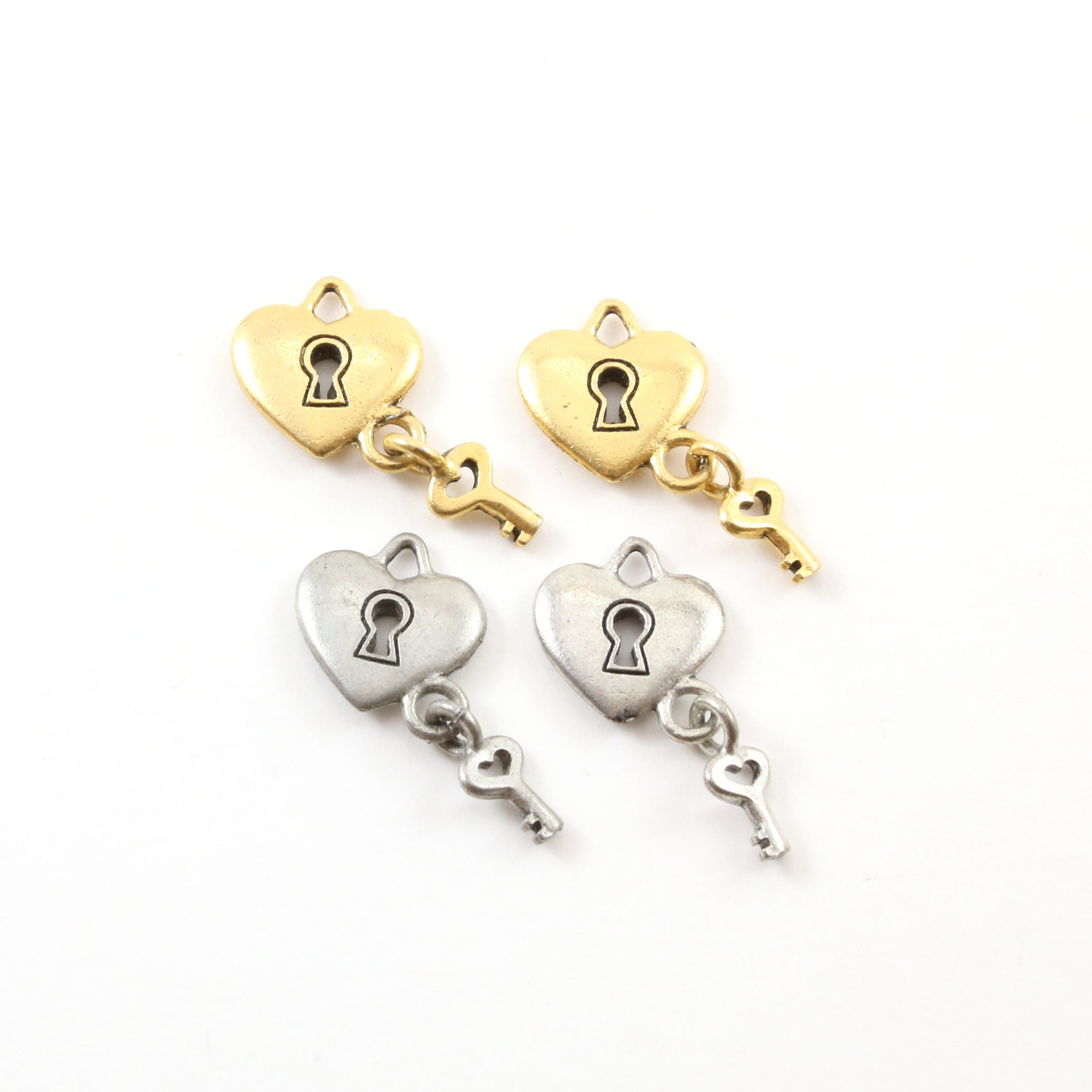 Pewter Simple Heart Pad Lock with Key Valentines Day Key Charm (2pc)