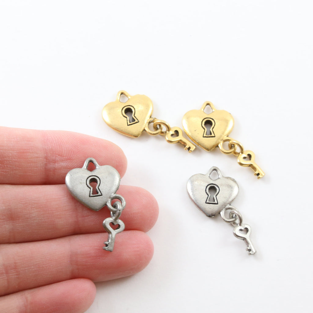 Pewter Simple Heart Pad Lock with Key Valentines Day Key Charm (2pc)