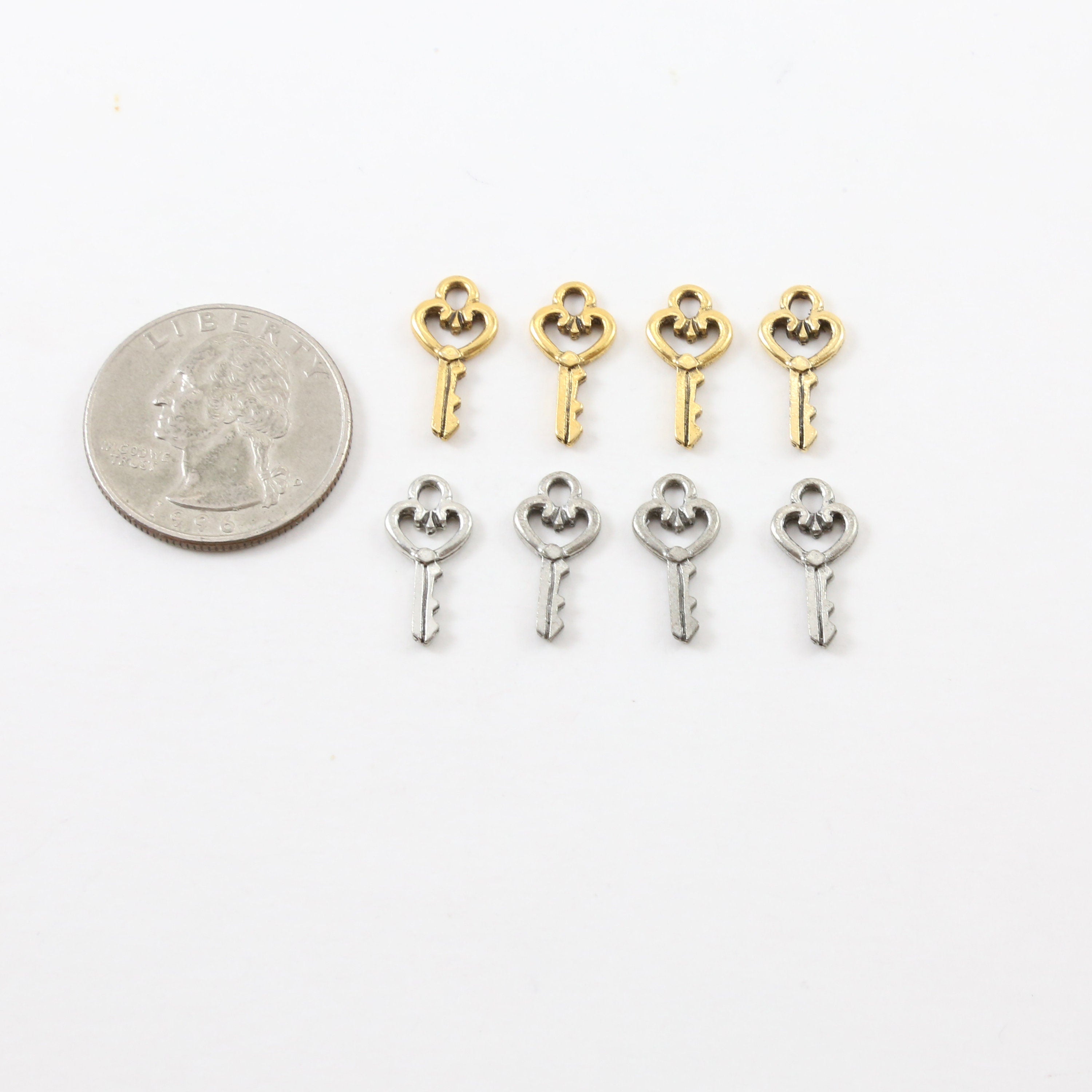 16mmx8mm Pewter Tiny Small Heart Skeleton Key Charm Best Friend Charm (4pc)