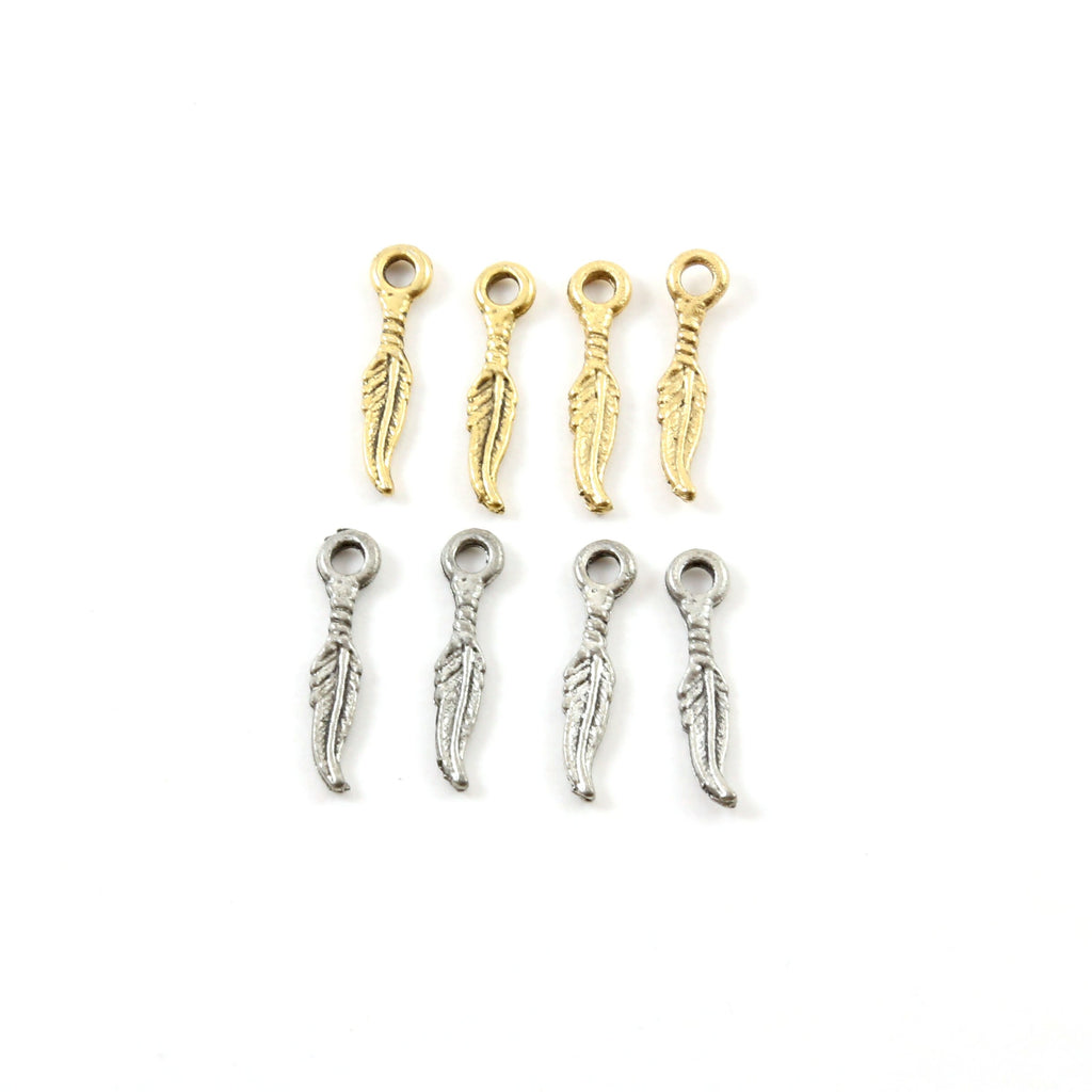 19mmx3mm Pewter Tiny Small Dainty Modern Feather Charm Necklace Pendant (4pc)