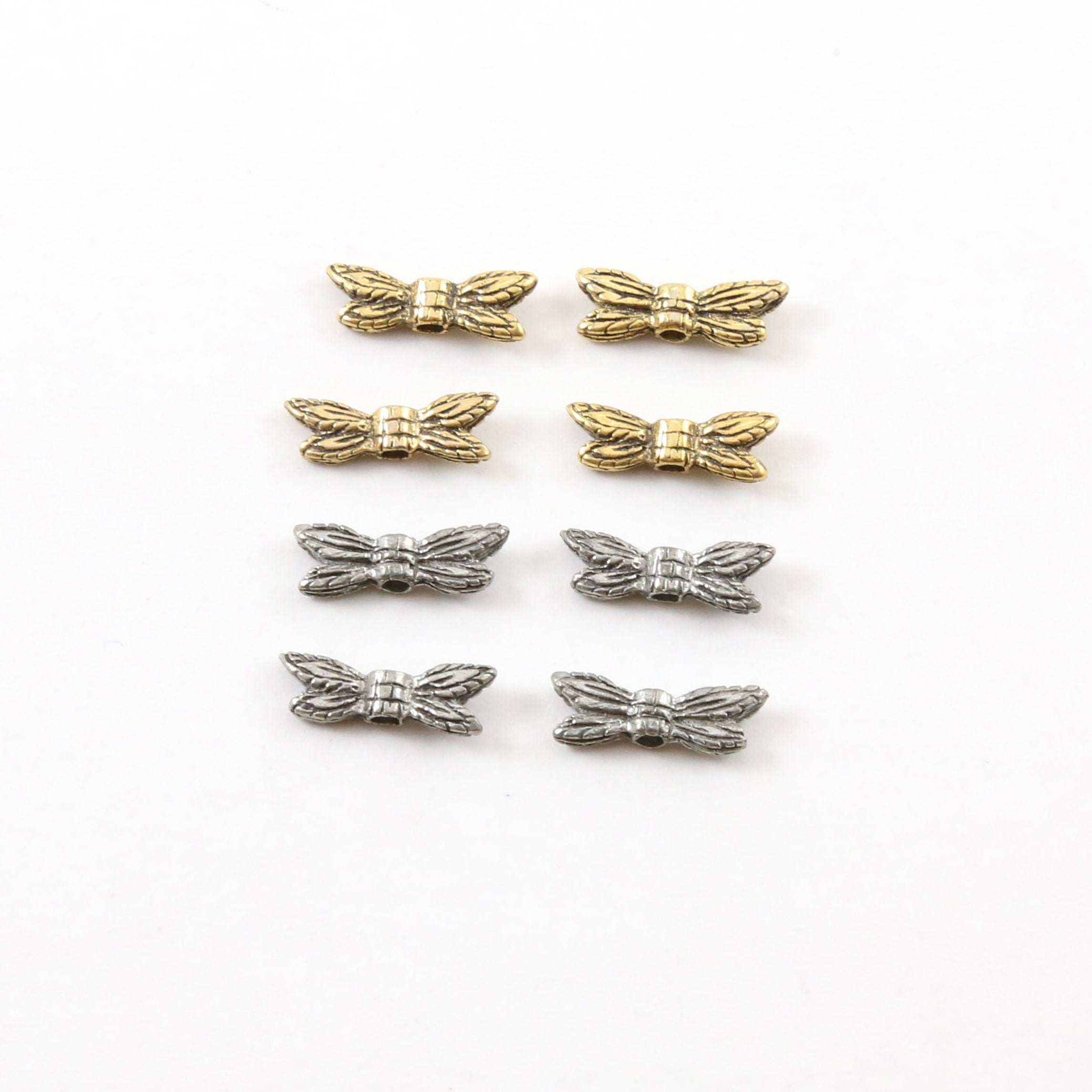 13mmx4mm Pewter Tiny Small Flying Dragonfly Bead Wings Fantasy Pendant (4pc)