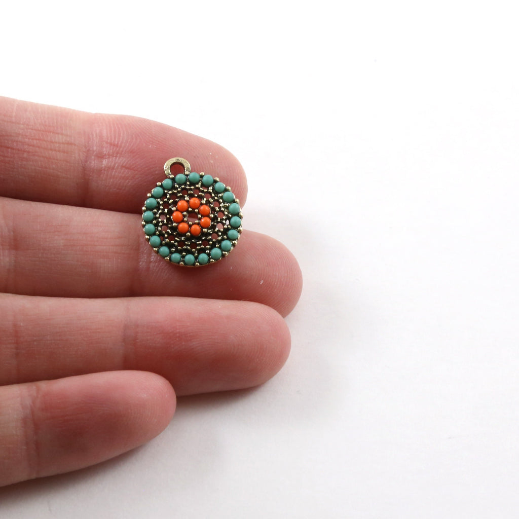 18mmx14mm Pewter Round Circular Colorful Red and Blue Crystal Beaded