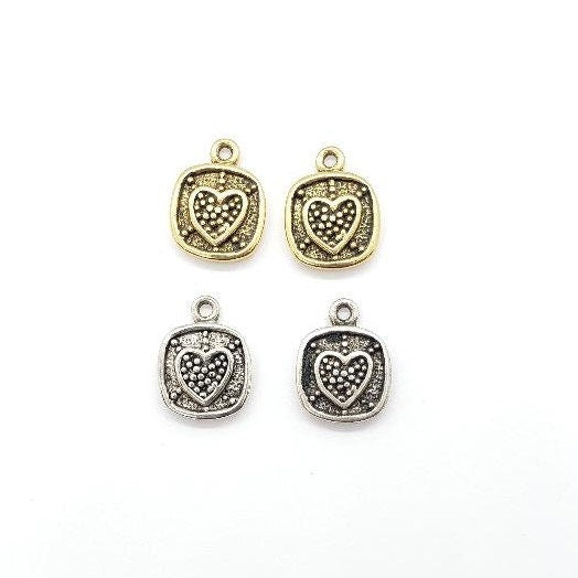 Pewter 2 Metal Beaded Heart in Box Charm Small Pendant Antique (2pc)