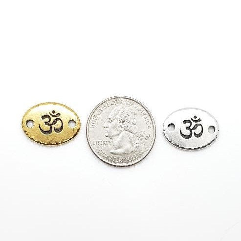 20mmx14.5mm Pewter Om Ohm Stamped Embossed Oval 2 Hole Connector Charm