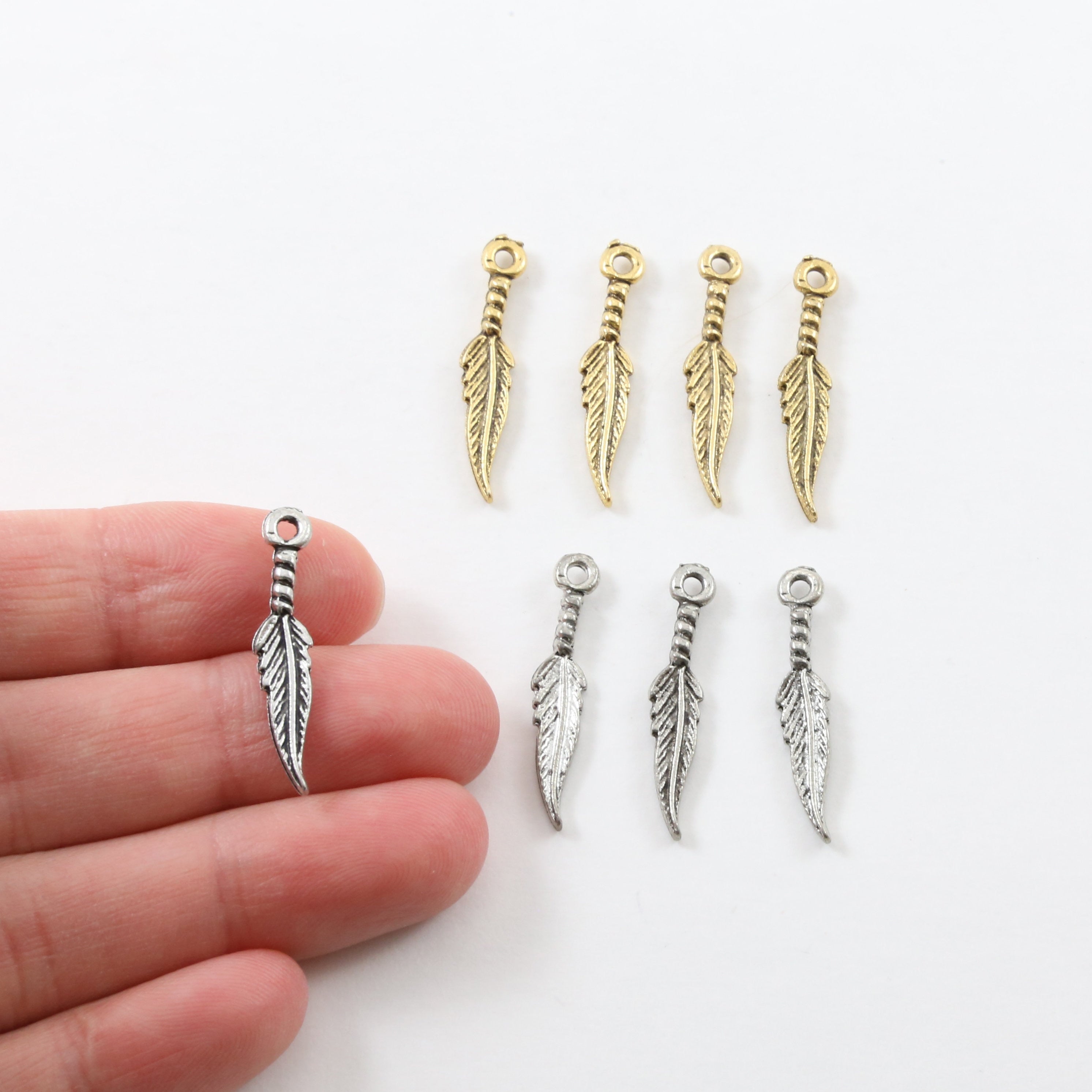 25mmx5mm Pewter Dainty Tiny Small Dainty Modern Feather Charm Necklace (4pc)