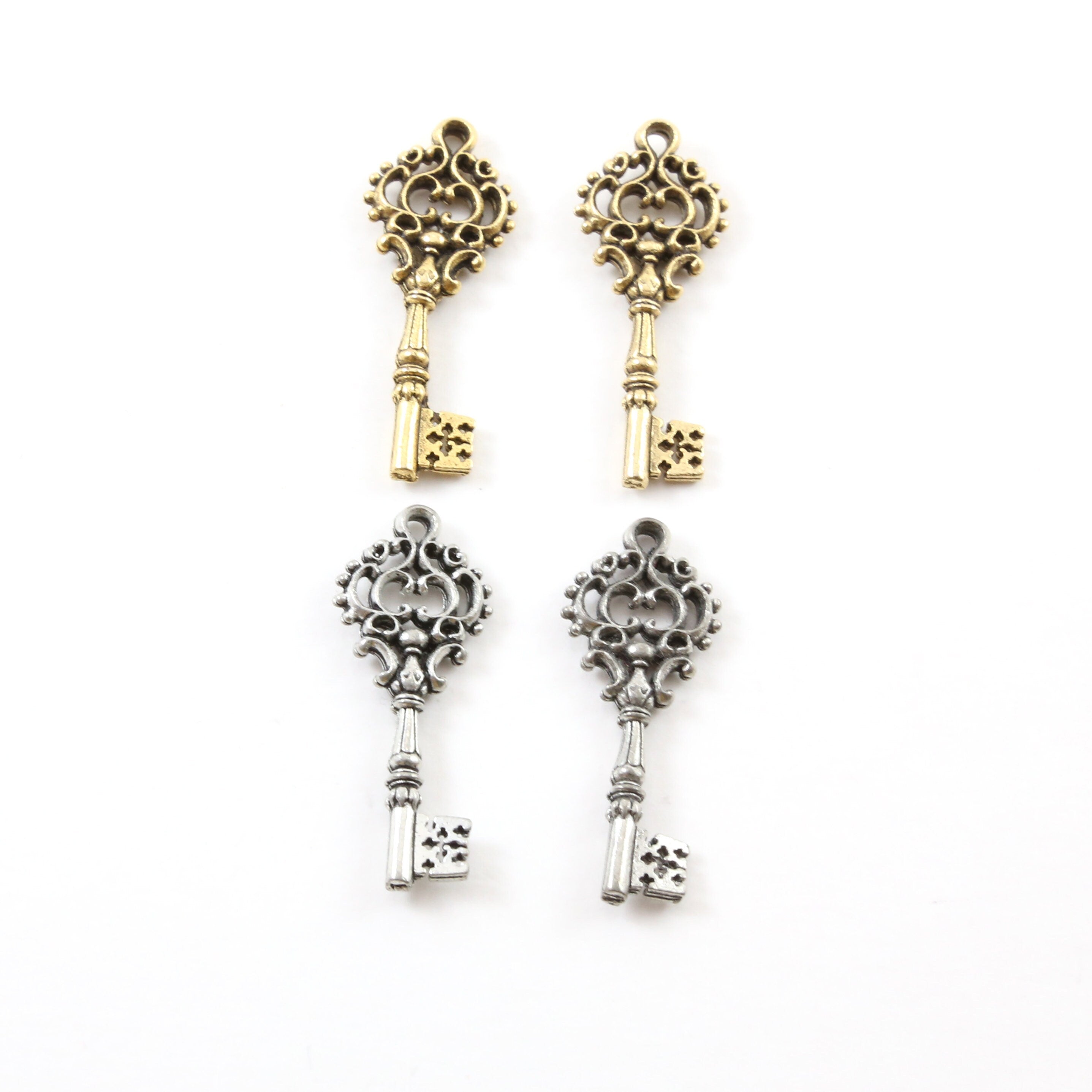 32mmx12mm Pewter Fancy Delicate Key Charm Best Friend Charm Necklace (2pc)