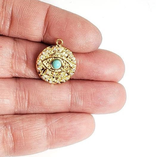 Gold Plated or Rhodium Plated Evil Eye Coin Turquoise Gold Round 20mm