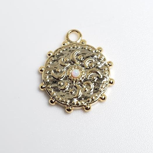 Brass 15 Mm Gold Celestial Coin Pendant Charm with Opal Stone