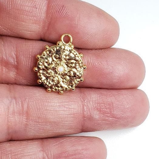 Brass 15 Mm Gold Celestial Coin Pendant Charm with Opal Stone
