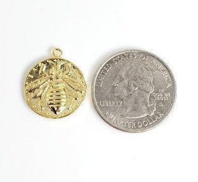 Gold Plated or Brass 17 Mm Bumble Bee Vintage Coin Charm Pendant Polished