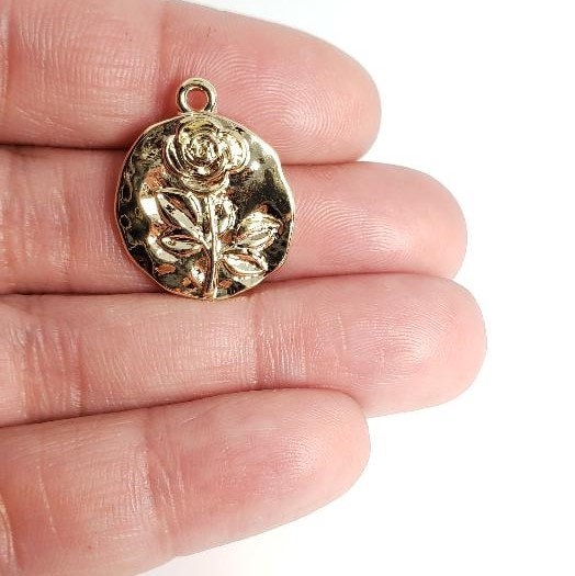 Gold Plated or Brass 18 Mm Vintage Rose Coin Charm Pendant Polished Gold Coin