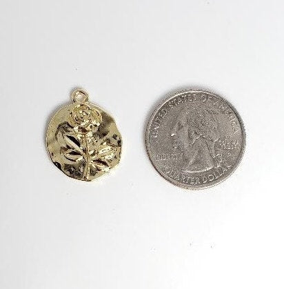 Gold Plated or Brass 18 Mm Vintage Rose Coin Charm Pendant Polished Gold Coin