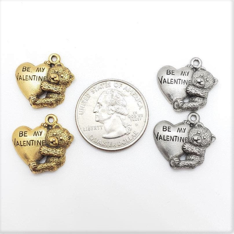 Pewter 2 Metal "Be My Valentine" Heart Bear Charm Pendant (2pc)