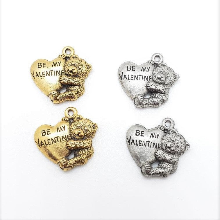 Pewter 2 Metal "Be My Valentine" Heart Bear Charm Pendant (2pc)