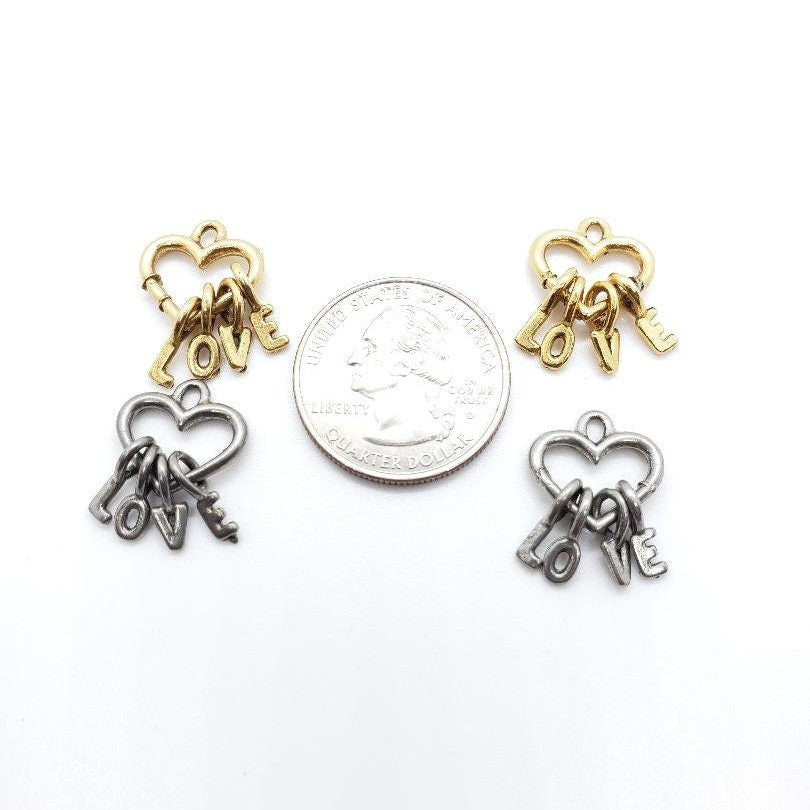 Pewter 2 Heart Keychain Love Charms Necklace Pendant Antique (2pc)