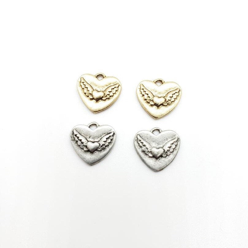 Pewter Layered Wing Heart with Loop Charm Love Friendship (2pc)