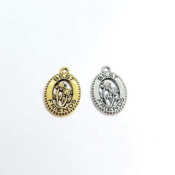 Pewter 1 Best Friends Oval in Gold or Silver Flowers Pendant