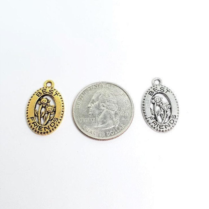 Pewter 1 Best Friends Oval in Gold or Silver Flowers Pendant