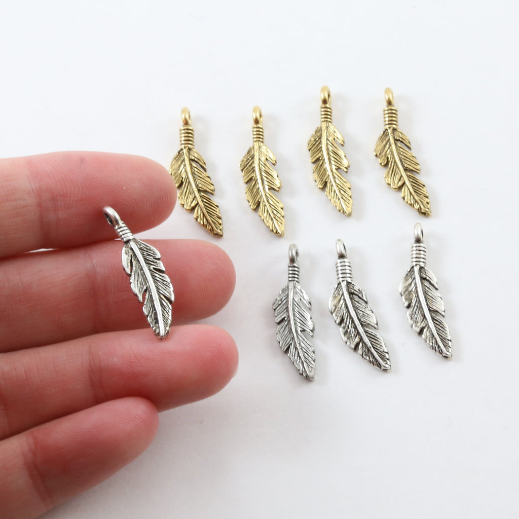 24mmx7mm Pewter Dainty Modern Feather Charm Necklace Pendant Antique (4pc)