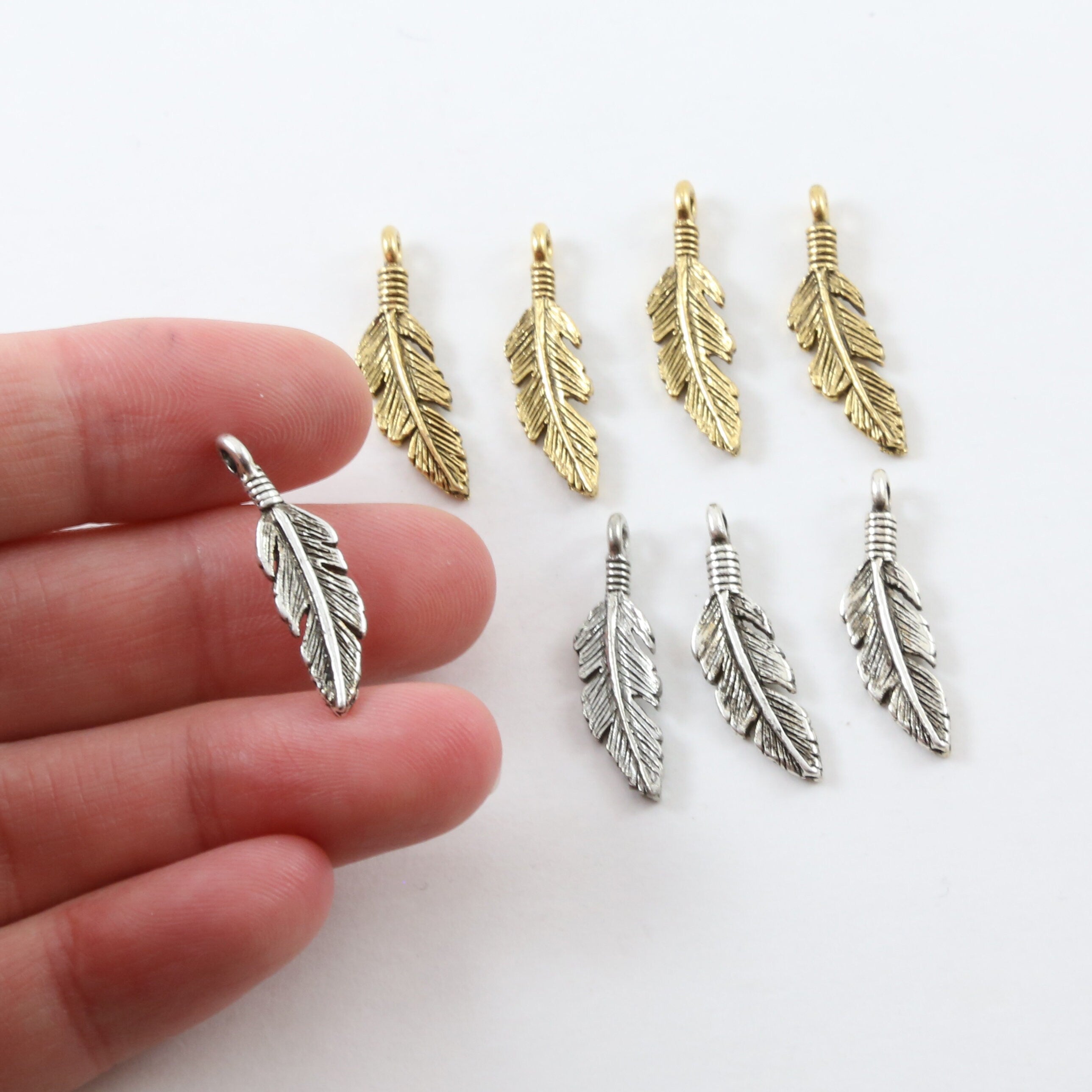 24mmx7mm Pewter Dainty Modern Feather Charm Necklace Pendant Antique (4pc)