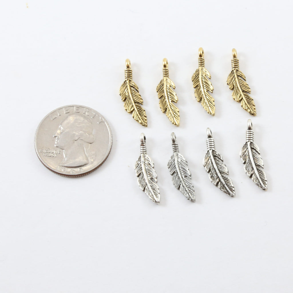 24mmx7mm Pewter Dainty Modern Feather Charm Necklace Pendant Antique (4pc)