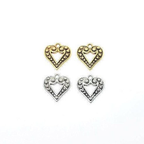 Pewter 2 Dotted Beaded Heart Charm in Antique Gold or Antique (2pc)