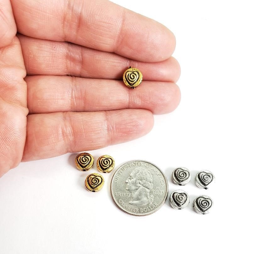 Pewter Round Flat Layered Swirl Heart Design Bead Love Antique (4pc)