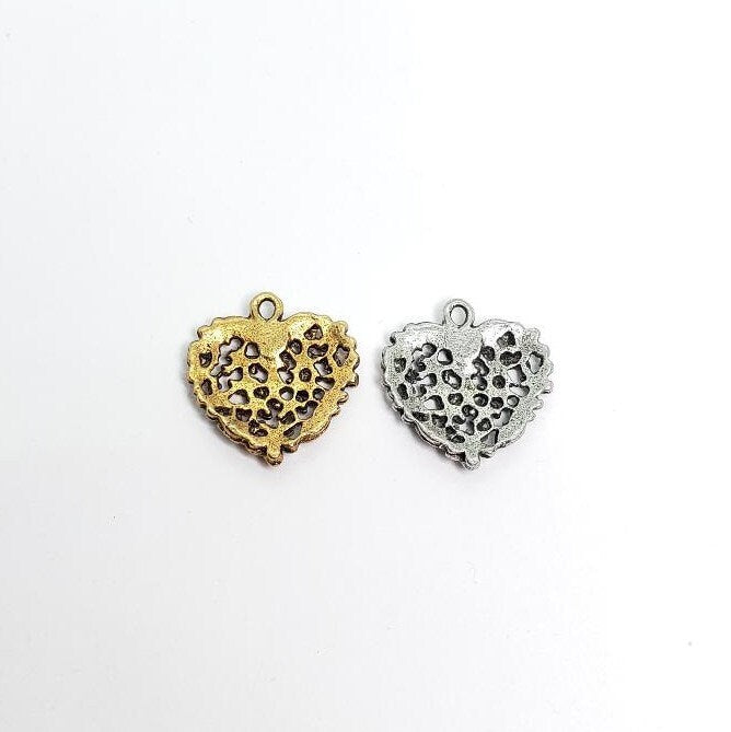 Pewter 2 Floral Heart Charms in Antique Gold or Antique Silver (2pc)