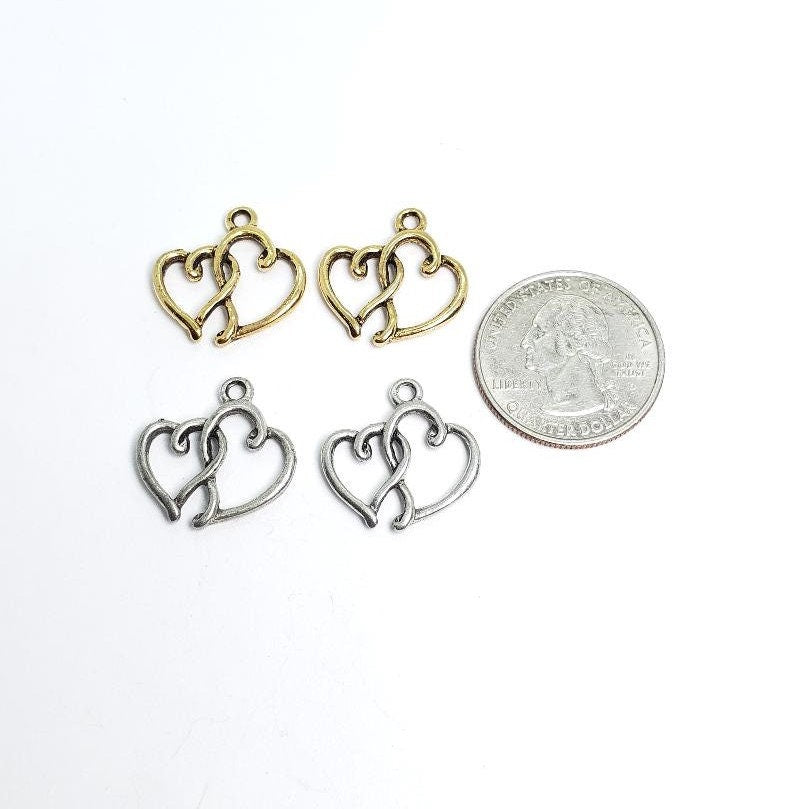 Pewter 2 Intertwined Hearts with Loop Charm Love Friendship (2pc)