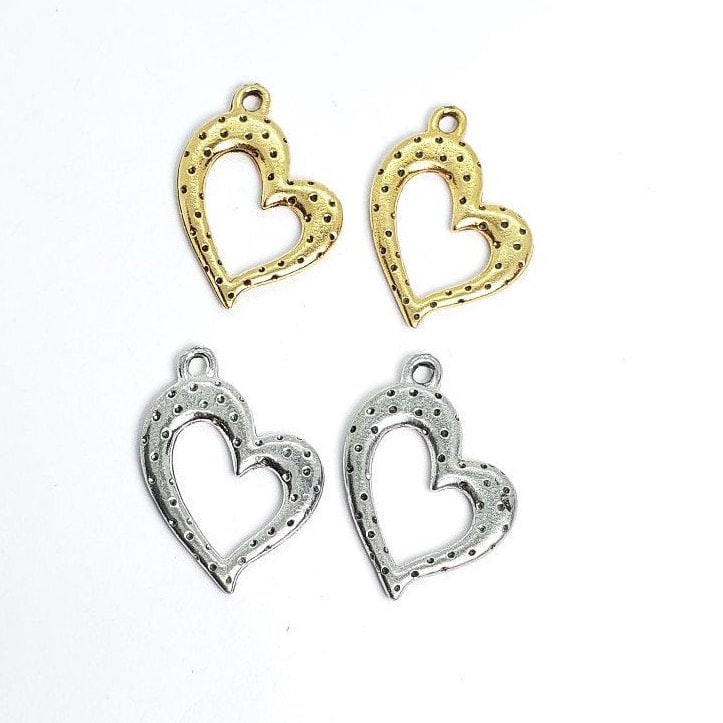 Pewter 2 Dotted Beaded Heart Charms in Antique Gold or Antique (2pc)