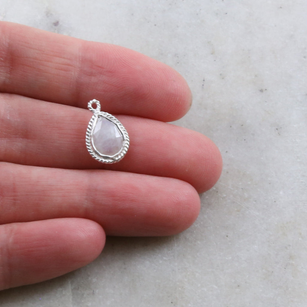 Sterling Silver Small Faceted Rainbow Moonstone Teardrop Pendant Charm