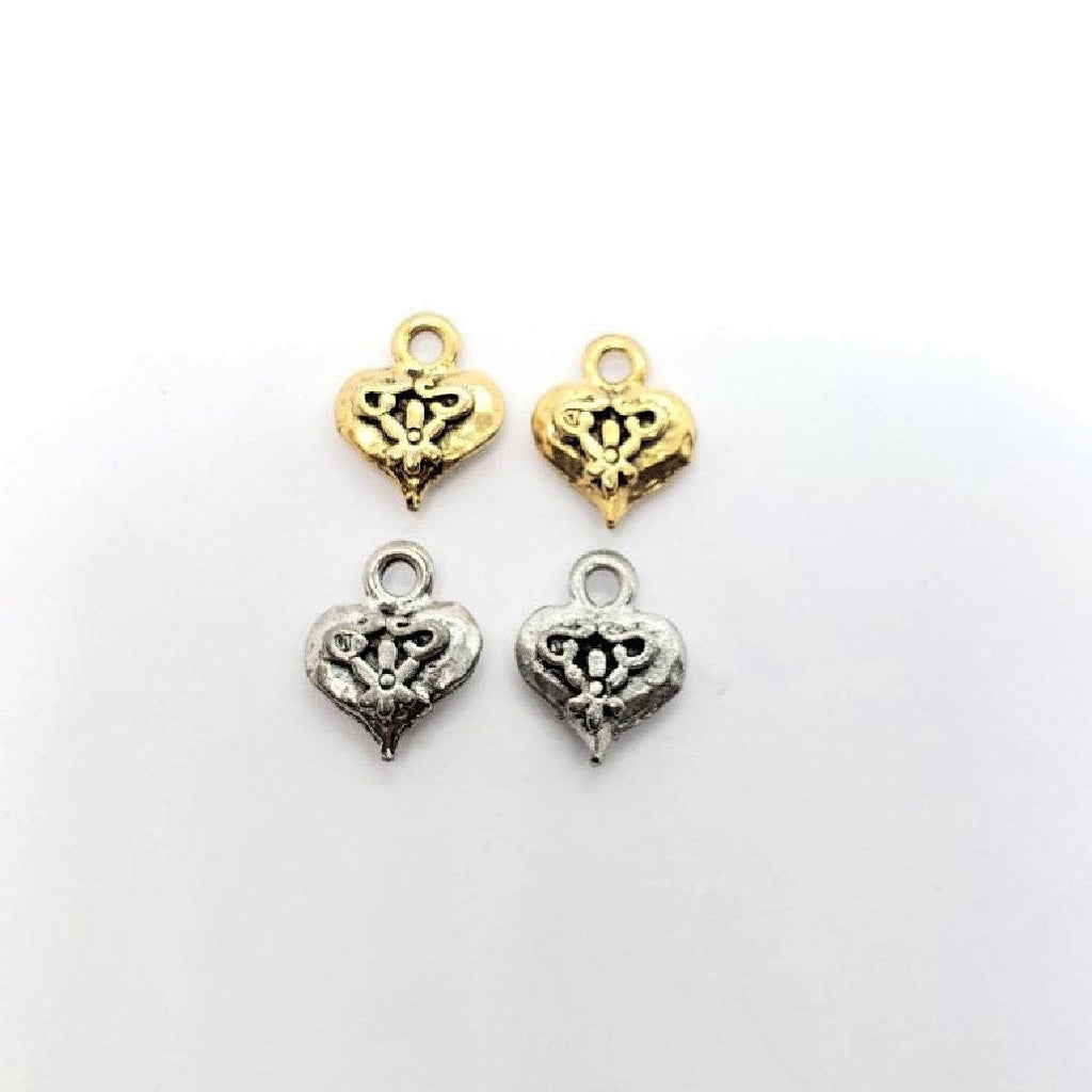 Pewter Heart with Flower Design Charms in Antique Gold (2pc)