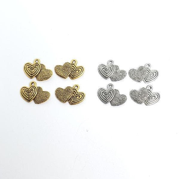 Pewter Double Heart Charm Love Antique Gold Antique Silver (4pc)