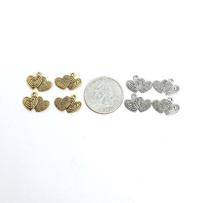 Pewter Double Heart Charm Love Antique Gold Antique Silver (4pc)