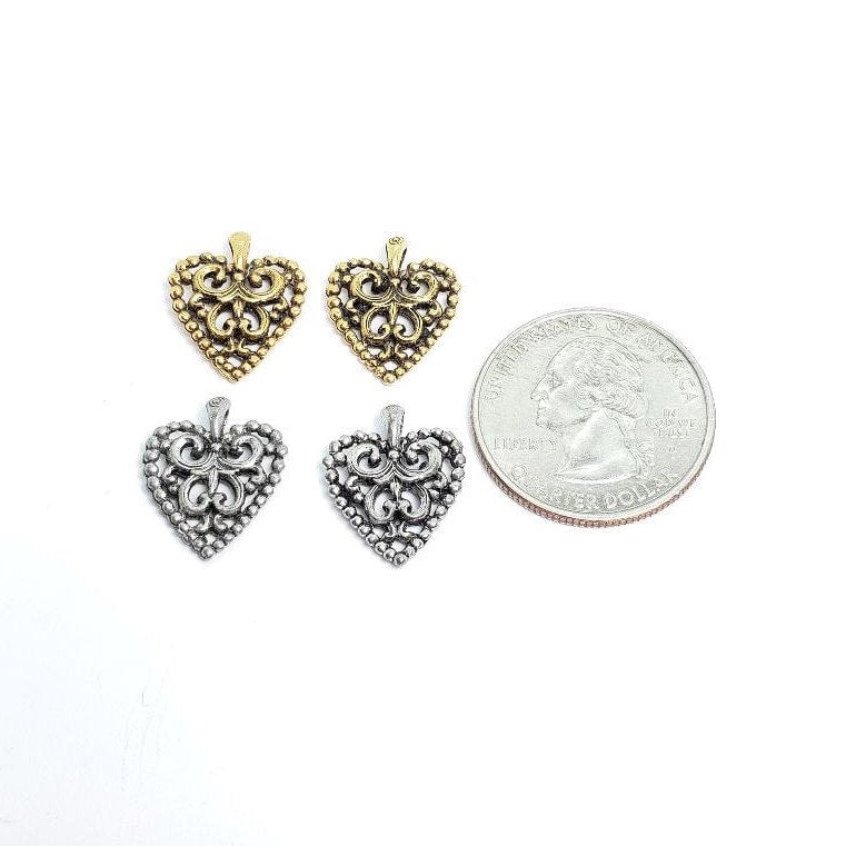 Pewter Filagree Design Hearts with Loop Charms Love Friendship (2pc)