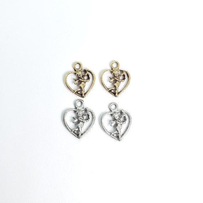 Pewter Open Heart Standing Cupid Holding Bow and Arrow (2pc)