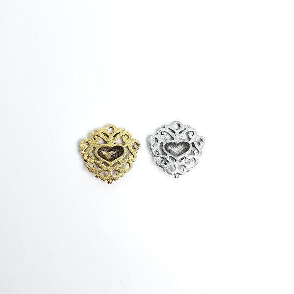18mmx18mm Pewter Heart Charm Filigree Background with Puffy Heart (2pc)