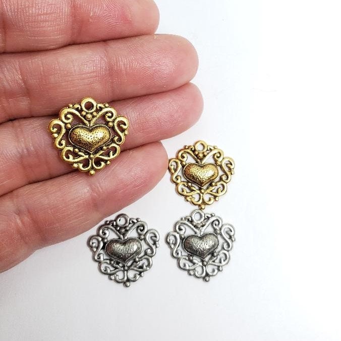 18mmx18mm Pewter Heart Charm Filigree Background with Puffy Heart (2pc)