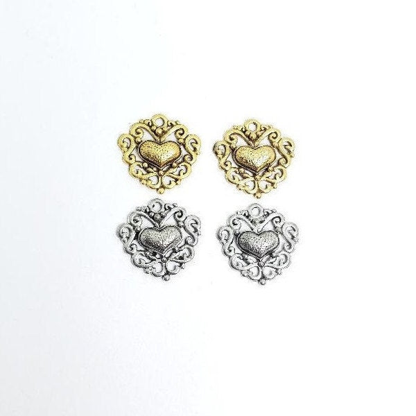 18mmx18mm Pewter Heart Charm Filigree Background with Puffy Heart (2pc)
