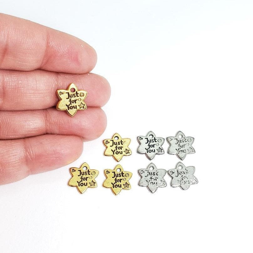 Pewter Star Shaped Just for You Stamped Word Charm Double (4pc)