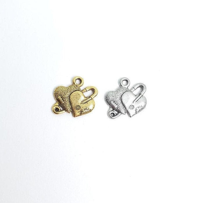 Pewter Two Hearts Connected with Safety Pin One Textured One (2pc)