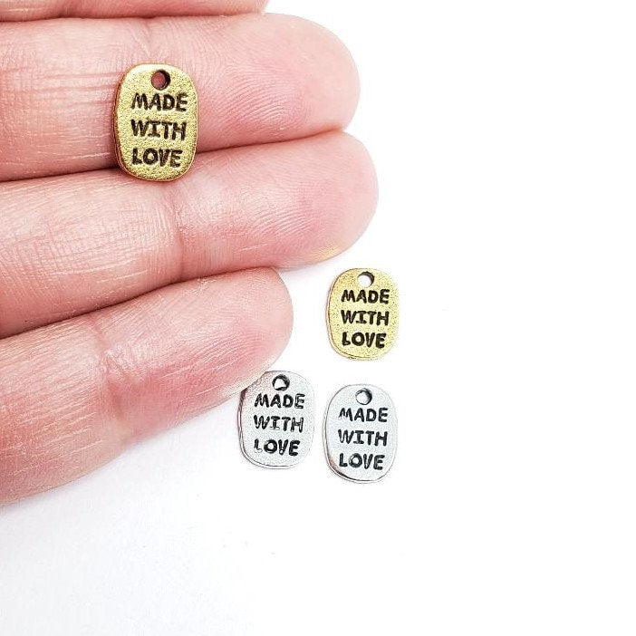 11mmx8mm Pewter Made with Love Stamped Word Charm Inspirational Pendant (2pc)
